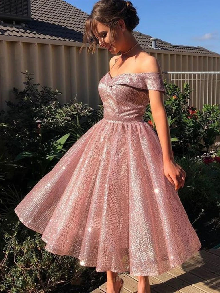 Off Shoulder Short Pink Prom Dresses ...